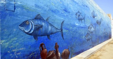 Mural decorativo alusivo a los atunes realizado en Sancti Petri